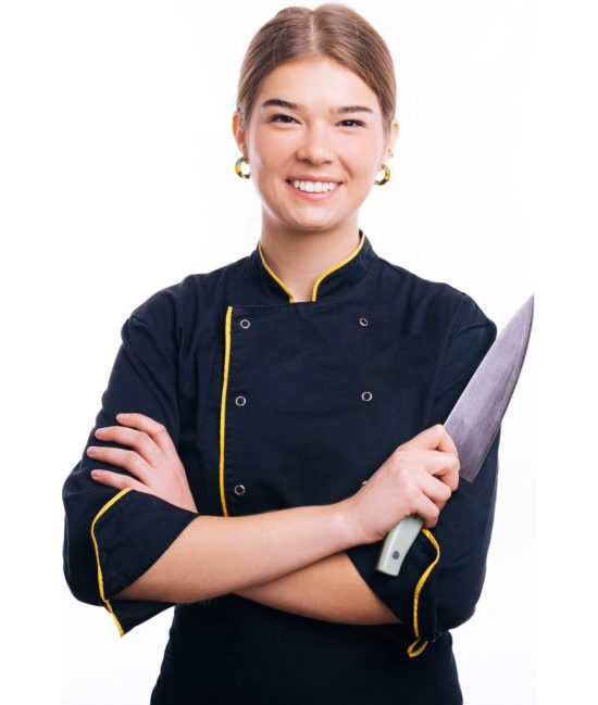 Portrait of a young woman chef cook holding knife isolated on a white background